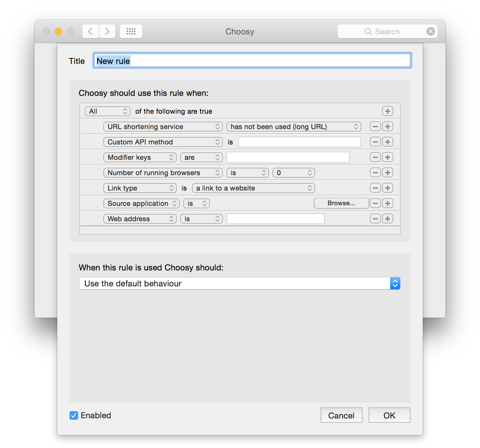 A screenshot of Choosy's editing interface for advanced behaviour rules